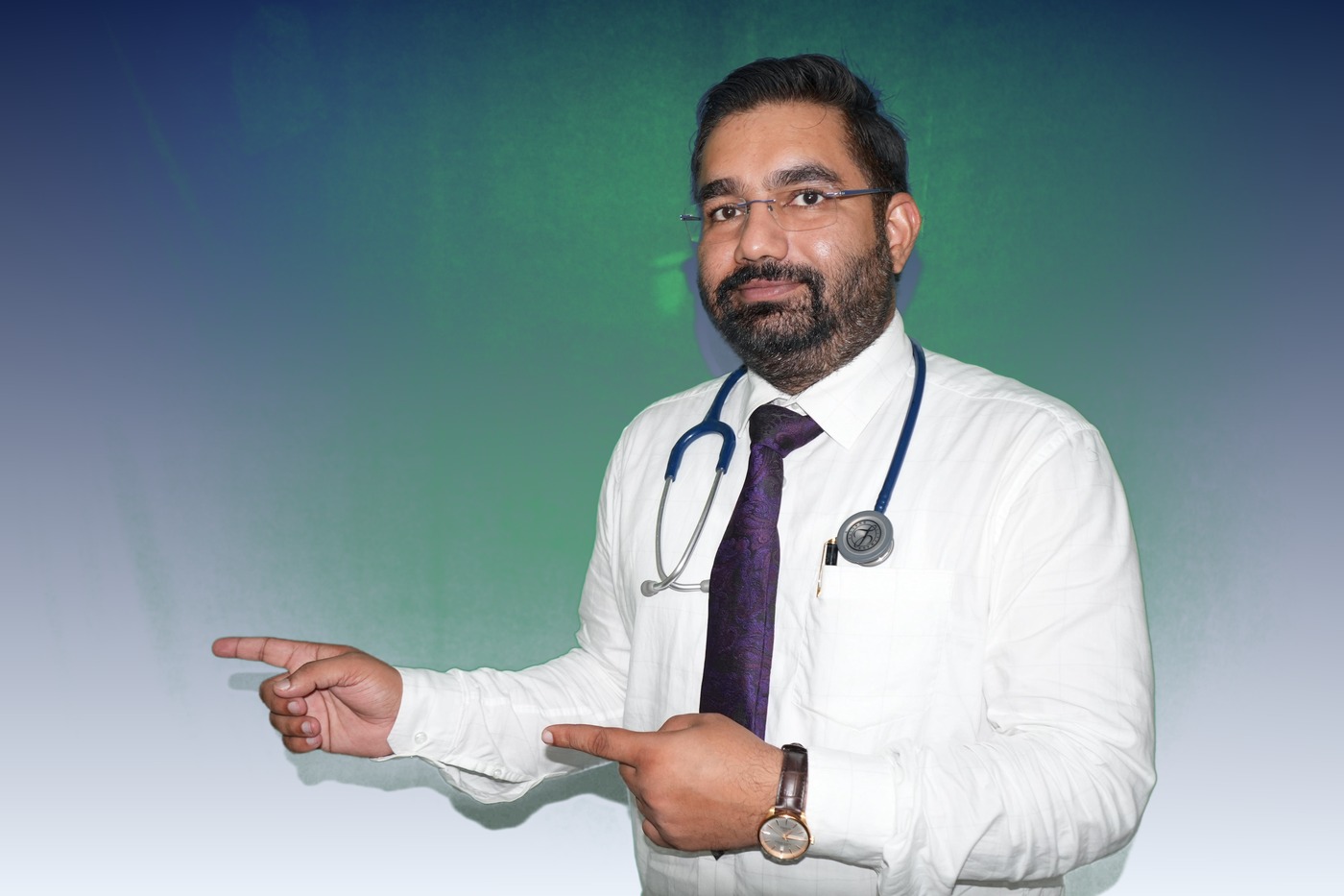 Dr. Kulwant Yadav pointing toward service information